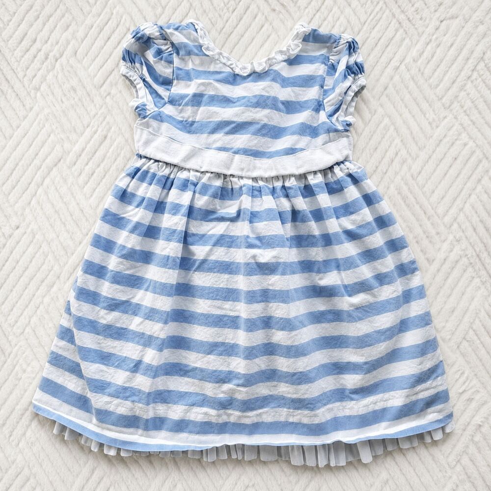 Hartstrings 3T Blue White Stripe Dress Pleated Hem Linen Blend Cute